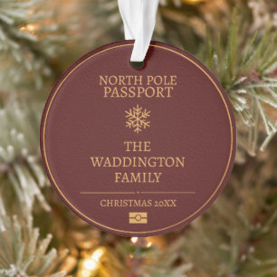 Custom Vintage Passport Style Gold Red Christmas  Ornament