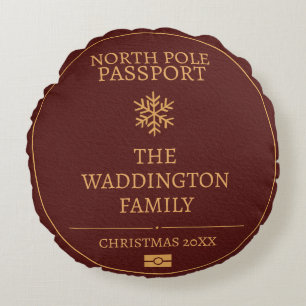 Custom Vintage Passport Style Gold Red Christmas Round Cushion