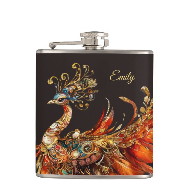custom vintage peacock circus carnival  hip flask (Front)