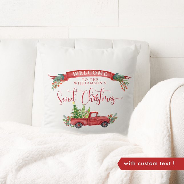 Custom, Vintage Red Truck, Sweet Christmas Festive Cushion (Creator Uploaded)