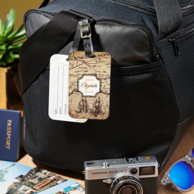 Custom Vintage Sepia Map Monogram Name Luggage Tag (Front & Back)