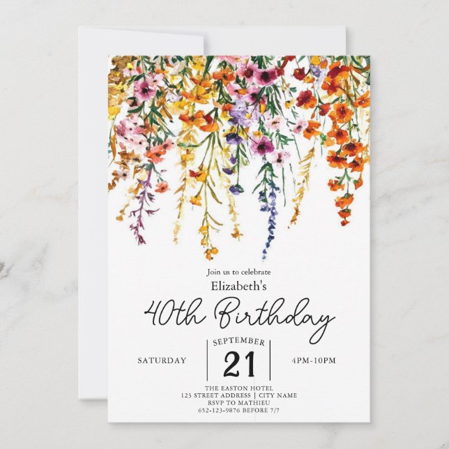 Custom Vintage Wildflowers 40th birthday Invitation (Front)