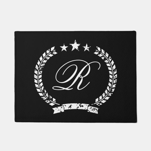 Custom vintage wreath crest monogram black doormat (Front)