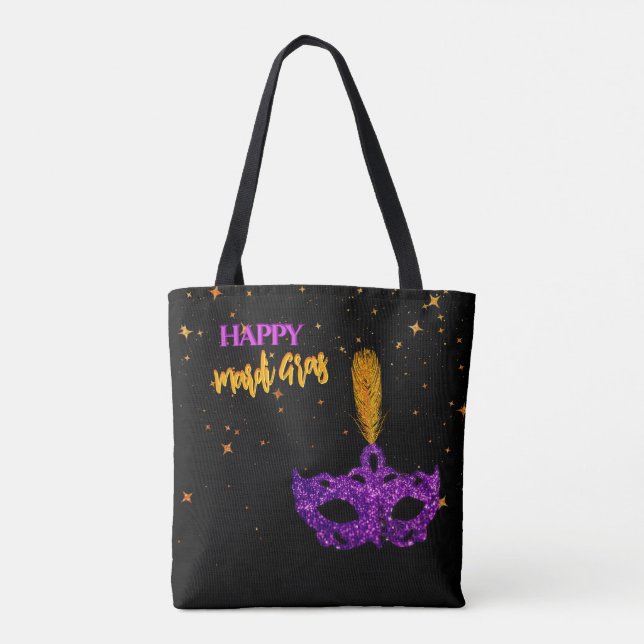 Custom Violet and Orange Sparkles Mask Mardi Gras  Tote Bag (Back)