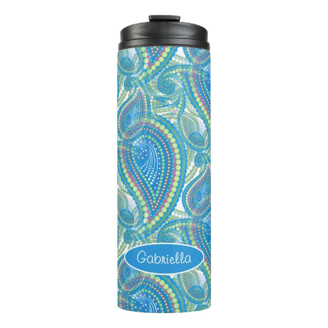 Custom Violet Lime Green Paisley Flowers Art Motif Thermal Tumbler (Front)