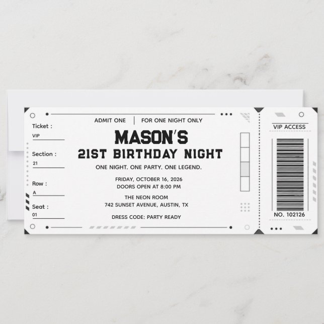 Custom VIP 21st Birthday Party Ticket Invitation (Front)