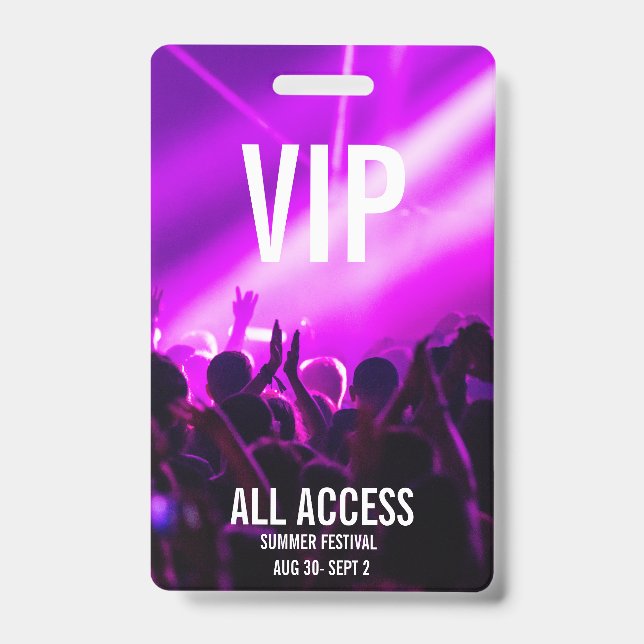 Custom VIP All-Access Concert Event Pass Purple ID Badge (Front)