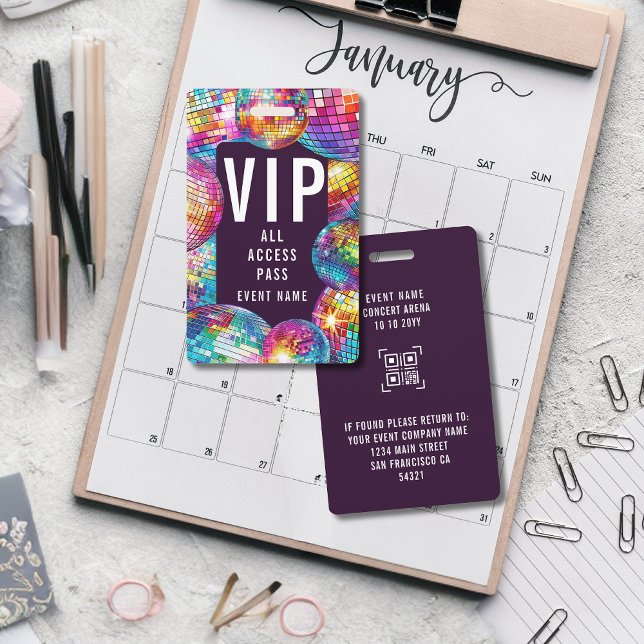 Custom VIP All Access Pass QR Code Disco Ball ID Badge (Creator Uploaded)