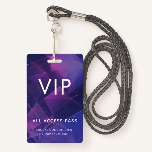 Custom VIP Bar Code Event Purple Geometric ID Badge (Front with Lanyard)