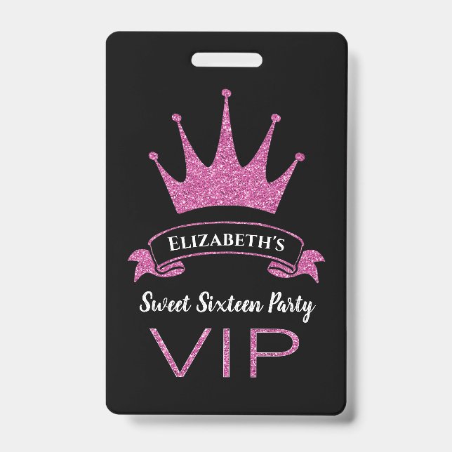Custom VIP Pink Glitter Girly Sweet Sixteen ID Badge (Front)