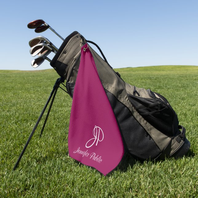 Custom Viva Magenta Typography Monogram Name Golf Towel (Green)
