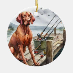 Custom Vizsla Dog Memorial-Fishing in Heaven Ceramic Tree Decoration