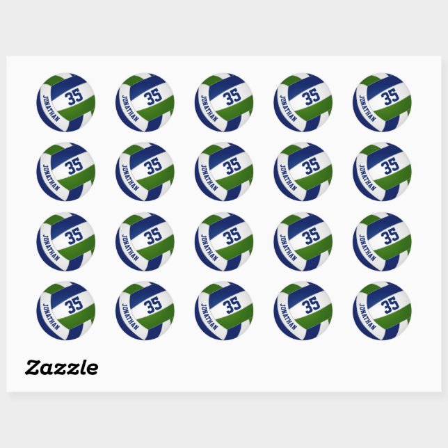 custom volleyball player name blue green classic round sticker (Sheet)