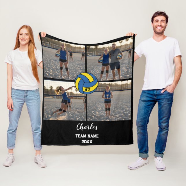 Custom Volleyball Player Photo Collage with Name Fleece Blanket (In Situ)