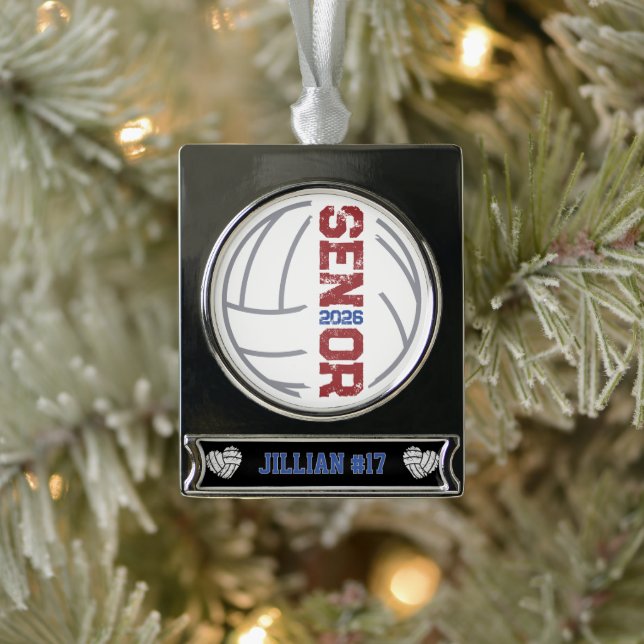 Custom Volleyball Player Senior Year Distressed Silver Plated Banner Ornament (Tree)