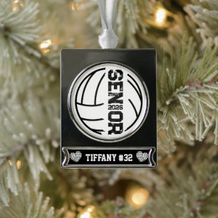 Custom Volleyball Senior Year Distressed Number Silver Plated Banner Ornament