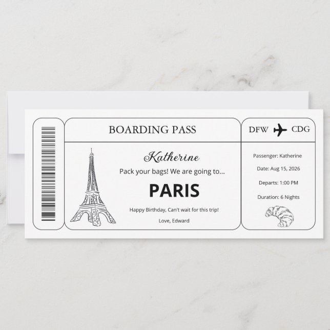 Custom Voucher, Paris Trip Boarding Pass Ticket Invitation (Front)