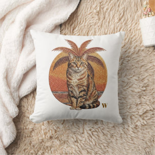 Custom "W" Embroidered Cat & Palm Tree Sunset  Cushion