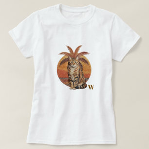 Custom "W" Embroidered Cat & Palm Tree Sunset T-Shirt