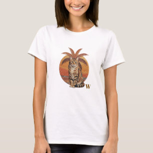 Custom "W" Embroidered Cat & Palm Tree Sunset T-Shirt