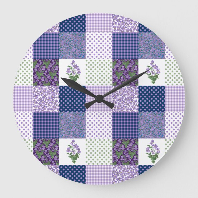 Custom Wall Clock, Faux-patchwork Violets Patterns Large Clock (Front)