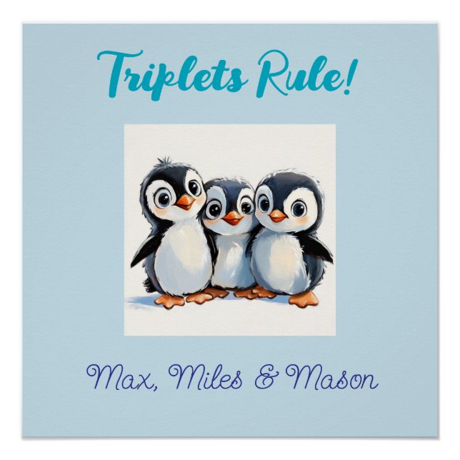 Custom Wall Poster For Triplets, Cute Penguins  (Front)