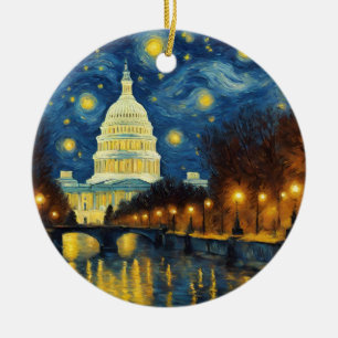 Custom Washington DC Dated Starry Night Ceramic Tree Decoration