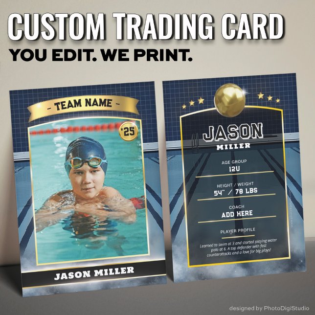 Custom Water Polo Trading Card Blue Gold Card (Custom Water Polo Trading Card, Modern Swimmer Trading Card Blue Silver )