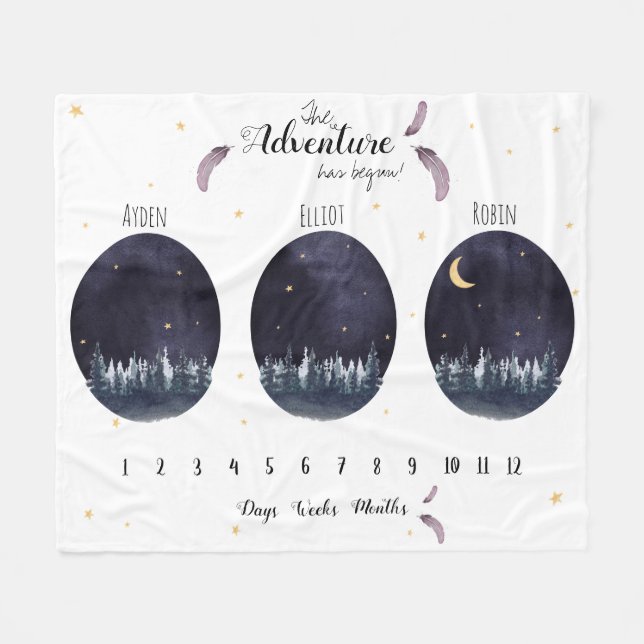 Custom Watercolor adventure triplets milestone Fleece Blanket (Front (Horizontal))