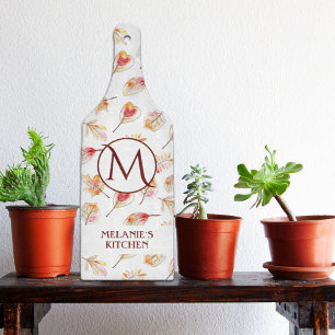 Custom Watercolor Autumn Monogram Kitchen Glass Cutting Board