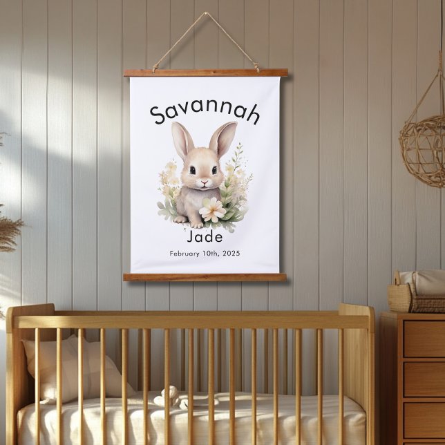 Custom Watercolor Baby Bunny Name & Birthdate Wall Hanging Tapestry (Creator Uploaded)
