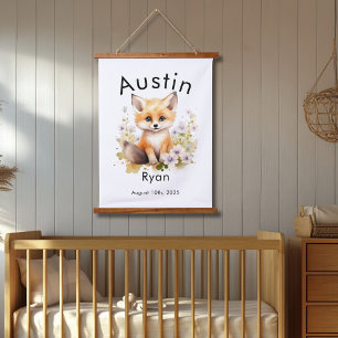 Custom Watercolor Baby Fox Name & Birthdate Wall  Hanging Tapestry