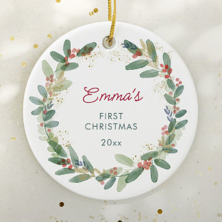 Custom Watercolor Baby's First Christmas Ceramic Tree Decoration