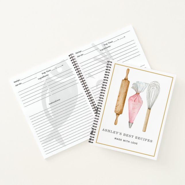 Custom Watercolor Bakers Tools Recipes Template Notebook (Inside)