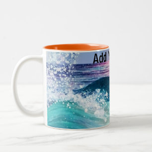 Custom Watercolor Blue Ocean Wave Photo with Name Two-Tone Coffee Mug