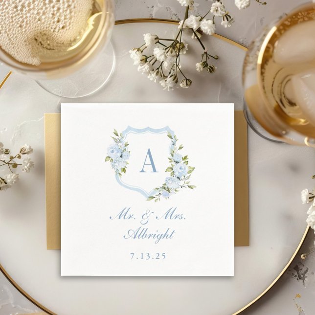Custom Watercolor Blue Roses Floral Crest Wedding Napkin (Creator Uploaded)