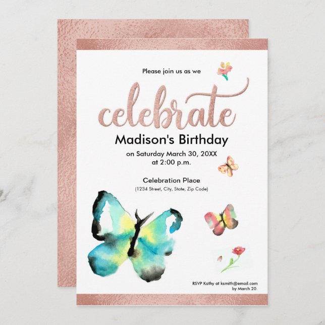 Custom watercolor butterfly faux rosegold birthday invitation (Front/Back)