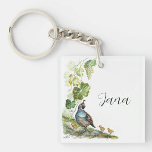 Custom Watercolor California Quail Family Grapes Key Ring
