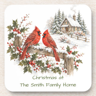 Custom Watercolor Cardinal Holiday Home Christmas Coaster