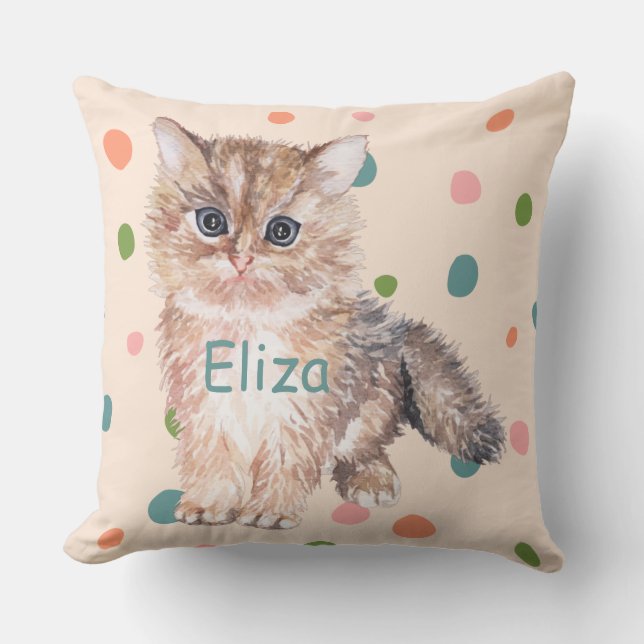 Custom watercolor cat polka dots nursery pink kids cushion (Front)