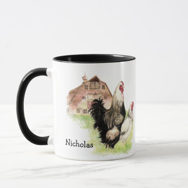Custom Watercolor Chicken Rooster Hen Egg Mug (Left)