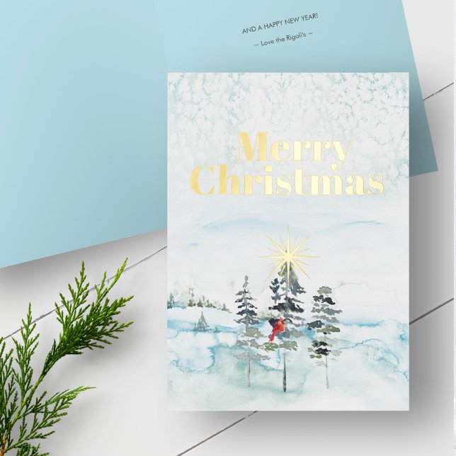 Custom Watercolor Christmas Cards (Christmas cards watercolor pine trees and winter scene in blue with gold foil.)