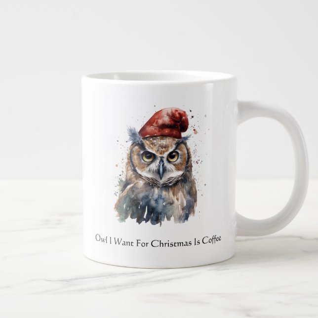 Custom Watercolor Christmas Owl with Red Santa Hat Large Coffee Mug (Right)
