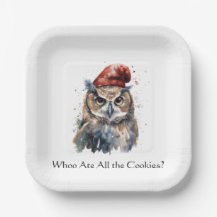 Custom Watercolor Christmas Owl with Red Santa Hat Paper Plate