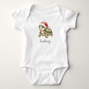 Custom Watercolor Christmas Tortoise Santa Hat Baby Bodysuit