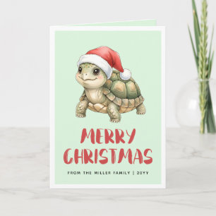 Custom Watercolor Christmas Tortoise Santa Hat Card