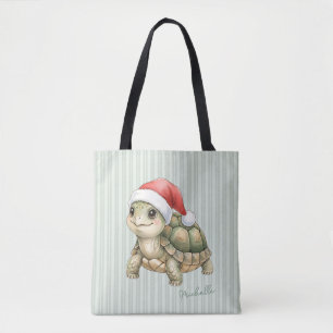 Custom Watercolor Christmas Tortoise Santa Hat Tote Bag