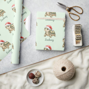 Custom Watercolor Christmas Tortoise Santa Hat Wrapping Paper
