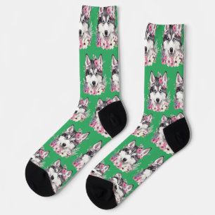 Custom Watercolor Cute Floral Dog Photo Sea Green Socks