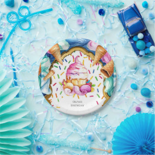 Custom Watercolor Dessert Ice Cream Birthday Paper Plate